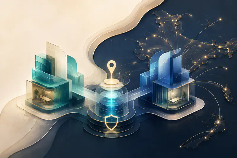 Abstract visual of two connected technology studios serving businesses across India from a shared local base